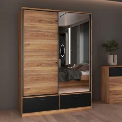 Kledingkast Bern - 2-deurs incl. 2 lades + spiegel - Wotan Eiken / Zwart