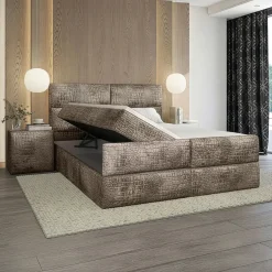 OP=OP Opberg Boxspring Velvet Croco - 180 x 200 Velvet Beige | Incl. Voetbord met TV-Lift + Stevig Pocketvering 500 veren m2