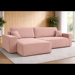 OP=OP Slaapbank Karlo XL | Ribstof Roze - L-Hoekbank 3-zits met opbergruimte - Universeel