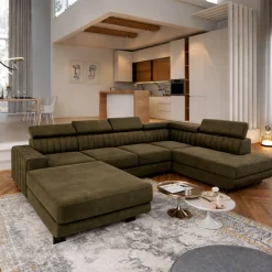 OP=OP Slaapbank met opbergruimte Nero | U-bank Rechts | Suede Mosgroen