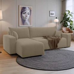 Slaapbank Pim - Teddy stof - Hoekbank 3-zits met opbergruimte - Universeel