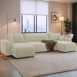 Slaapbank Pim - Teddy stof - U-bank 4-zits met opbergruimte - Universeel