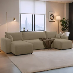 Slaapbank Pim - Teddy stof - U-bank 4-zits met opbergruimte - Universeel