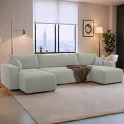 Slaapbank Pim - Teddy stof - U-bank 4-zits met opbergruimte - Universeel