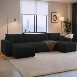 Slaapbank Pim - Teddy stof - U-bank 4-zits met opbergruimte - Universeel