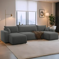 Slaapbank Pim - Teddy stof - U-bank 4-zits met opbergruimte - Universeel